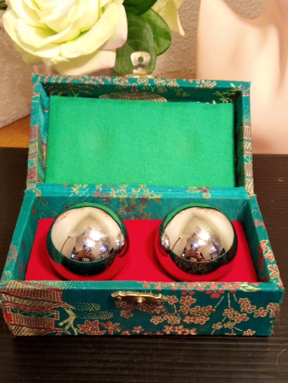 Silver Baoding Massage Balls in Decorative Green Box